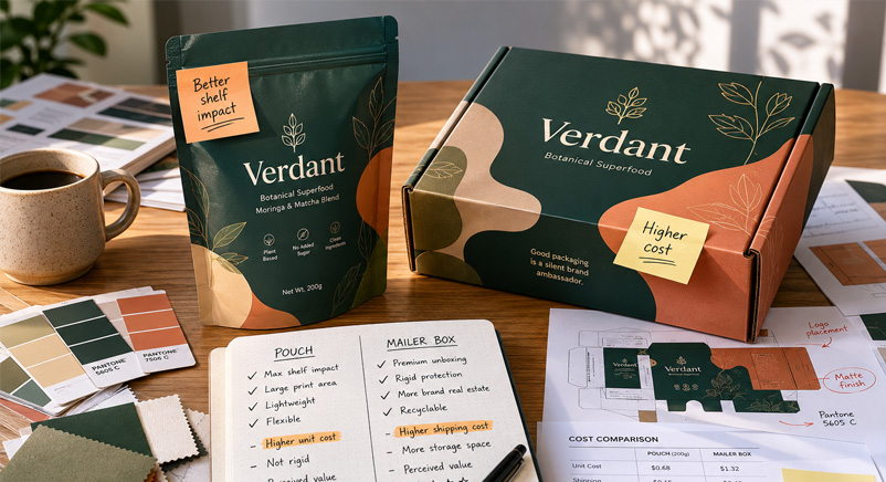 founder reviewing branded packaging samples — choosing between web-to-pack and traditional supplier