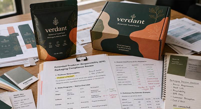brand owner reviewing EPR packaging compliance checklist alongside stand-up pouch and mailer box samples
