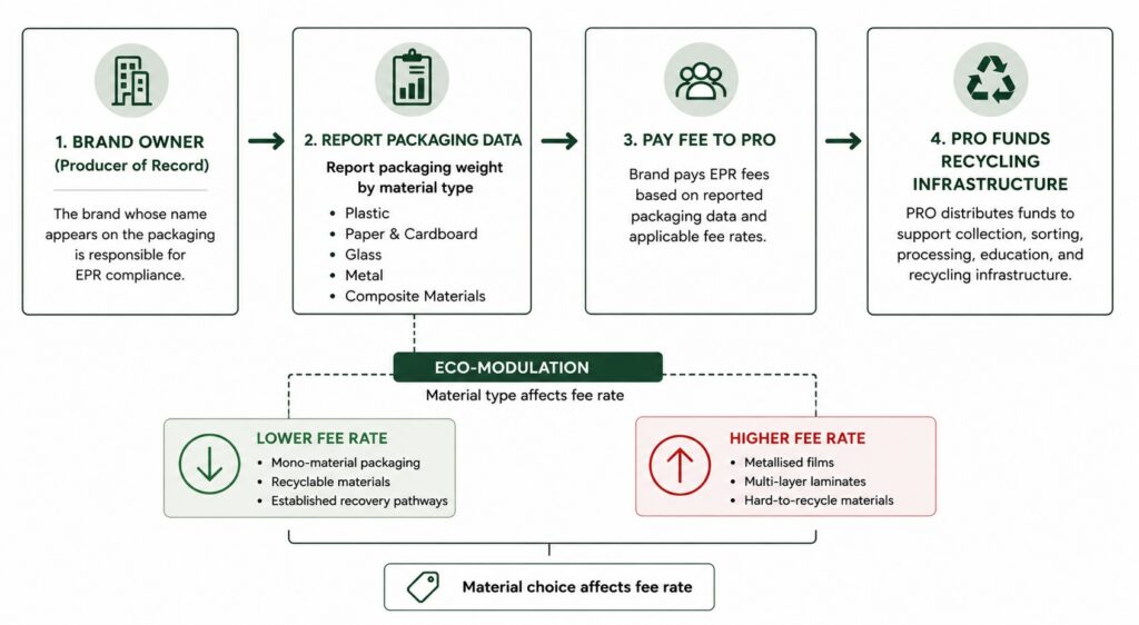 EPR packaging fee flow diagram showing brand owner reporting
          packaging weight to PRO and eco-modulated fee rates by material