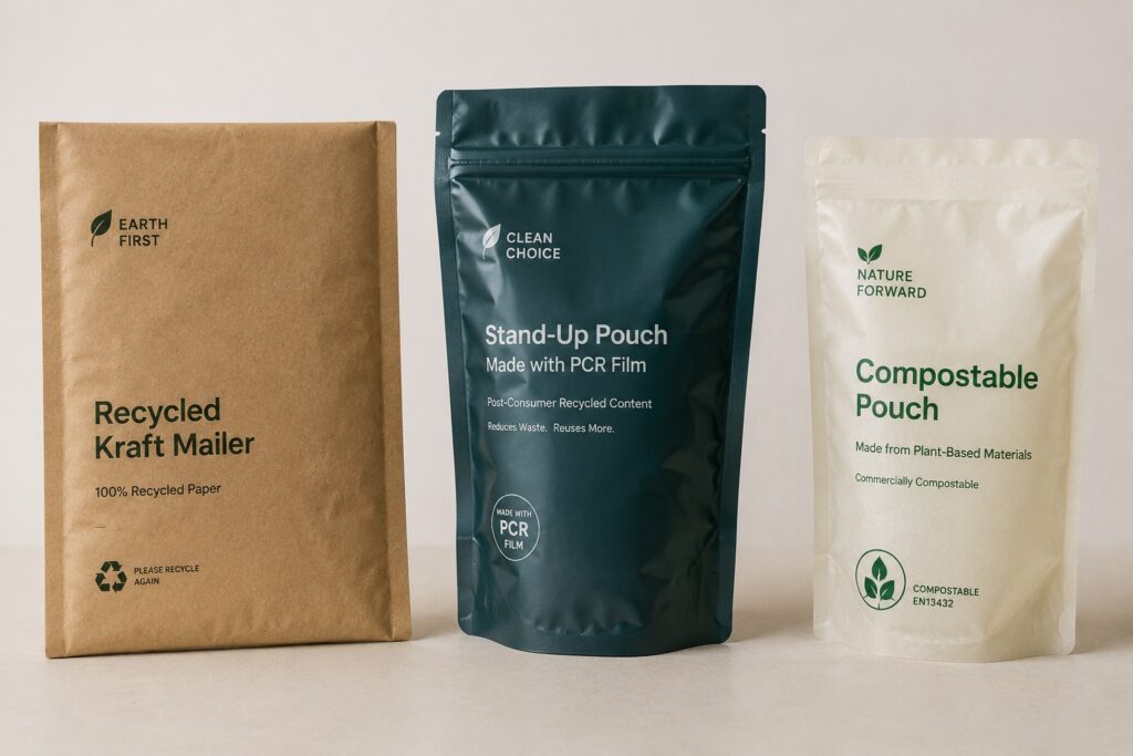 recycled kraft mailer pcr film pouch and compostable film pouch compared side by side — sustainable material options for growing brands