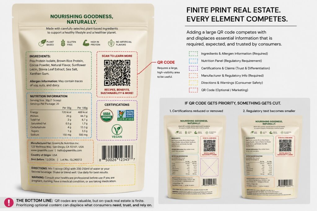small format label showing 2cm quiet zone requirement for qr code alongside mandatory regulatory text and ingredient panel