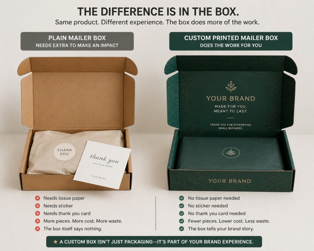 plain mailer box with branded inserts beside custom-printed mailer box showing how box print does more work than loose inserts