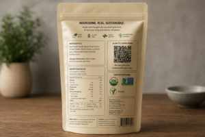stand-up pouch showing qr code competing with certification marks and ingredient panel for print space