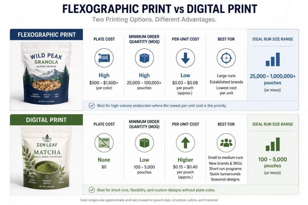 flexographic vs digital print comparison for custom pouches
          showing plate cost MOQ and per-unit cost differences