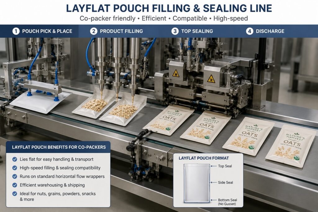 layflat pouches being filled on vertical form fill seal production line