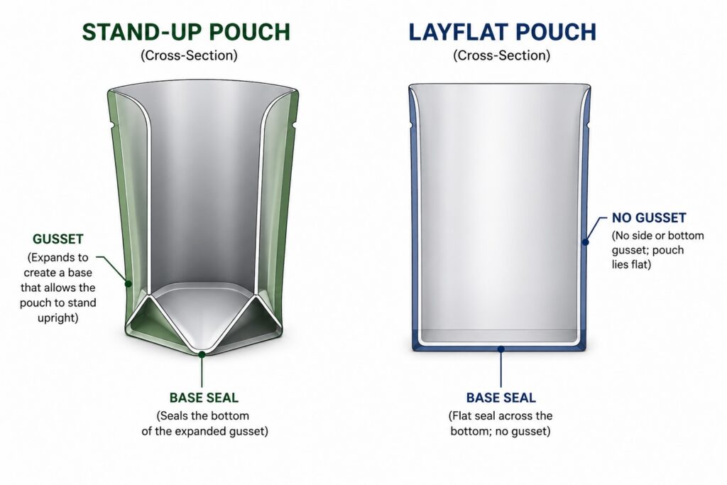 cross-section diagram comparing stand-up pouch base gusset to layflat pouch sealed base