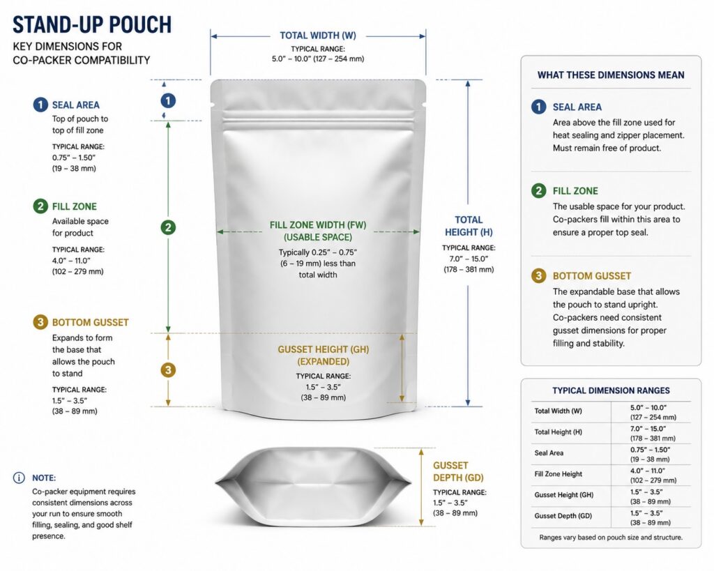 custom stand-up pouch with callouts showing seal area
          fill zone and bottom gusset dimensions for co-packer
          compatibility